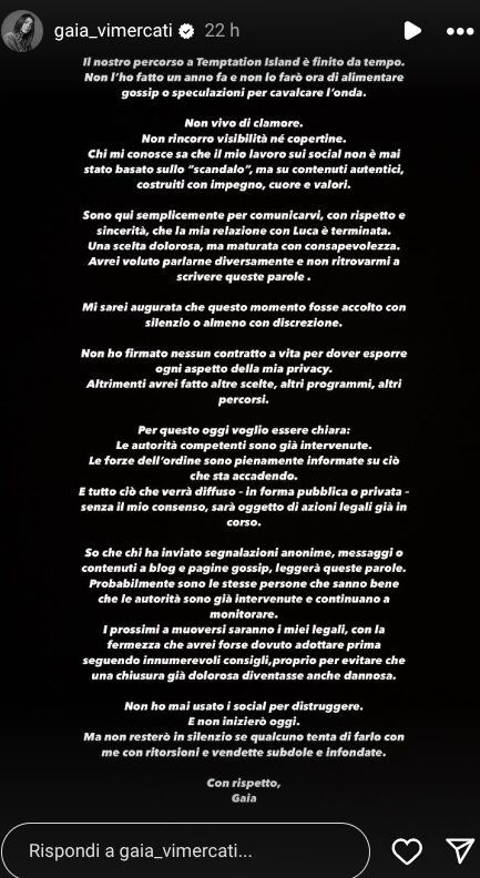 Temptation Island, Gaia Vimercati replica alle dichiarazioni dell’ex sul presunto tradimento e minaccia querele! Temptation Island, Gaia Vimercati replica alle dichiarazioni dell’ex sul presunto tradimento e minaccia querele!